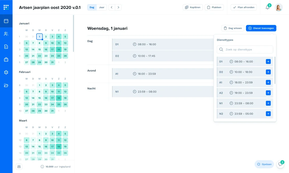 Dashboard in Fastis met kalenderweergave en overzicht van geplande diensten