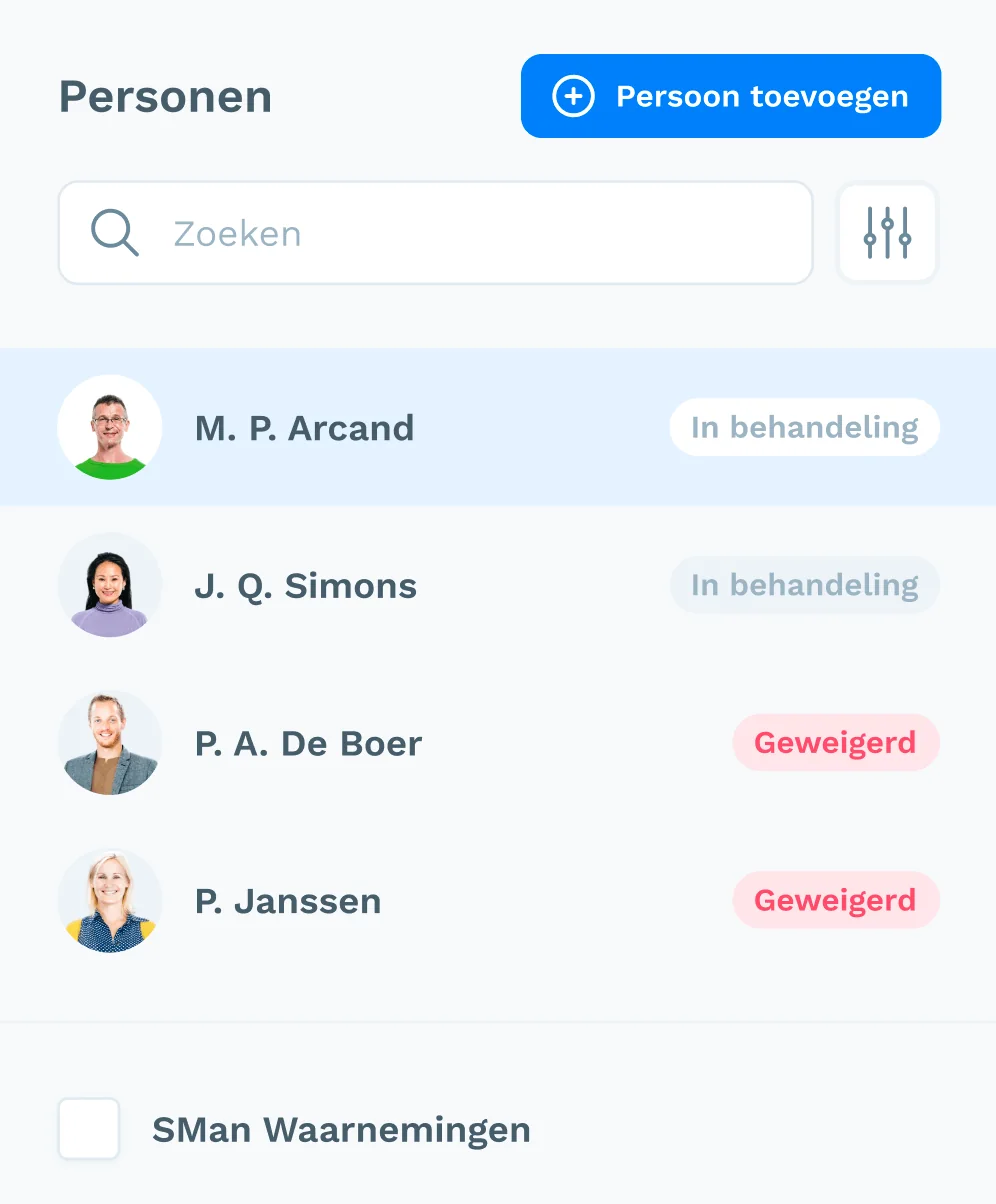 Overzicht van personen in Fastis met status, beschikbaarheid en planningsdetails