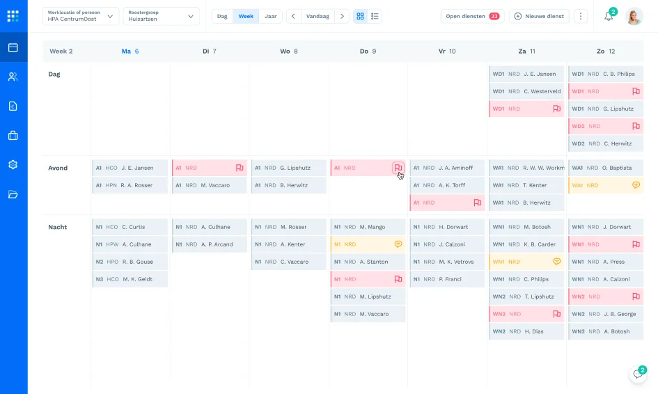 Weekrooster in Fastis met medewerkers in rijen en kleurgecodeerde dienstblokken per dag